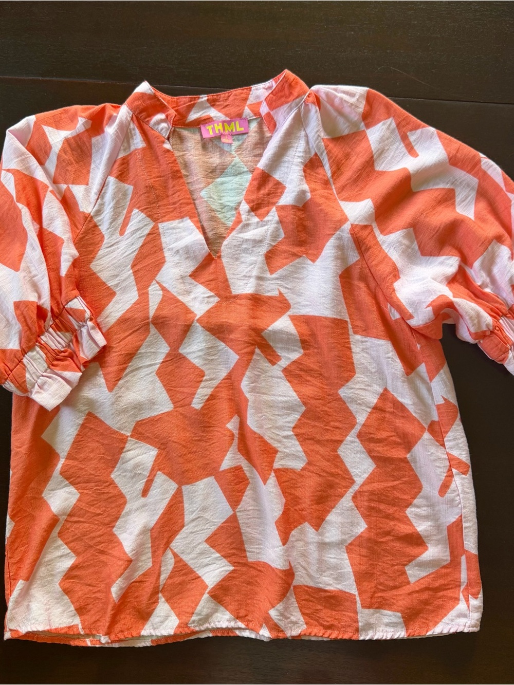 THML Orange & White Geometric V-Neck Top - Picture 3 of 3